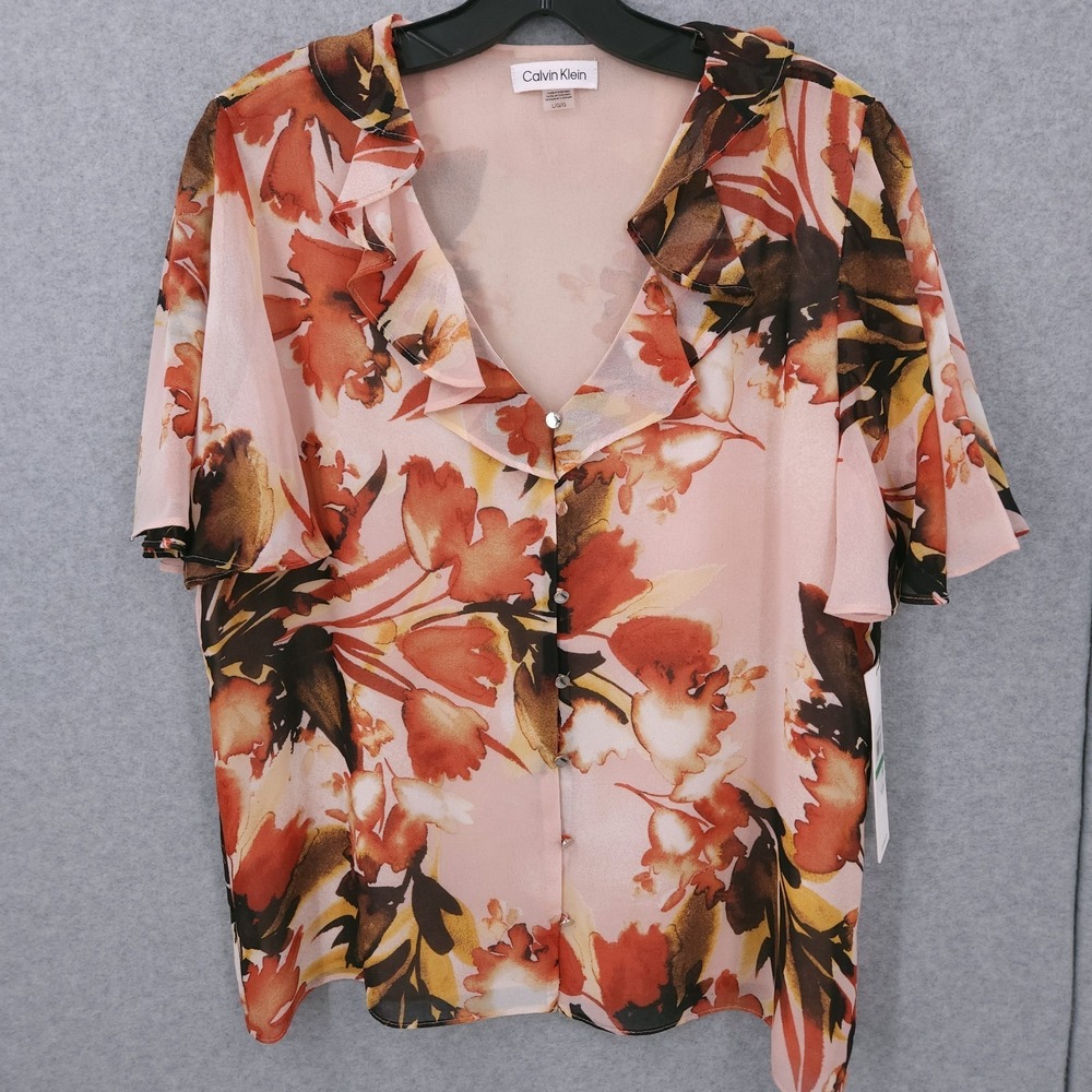 Calvin Klein Printed Ruffle Neck Button Front Floral Blouse Womens Size L NWT